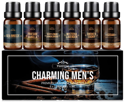 FUHITIM Duftöl, Charmantes Herren-Set Diffuseröl für Zuhause, Seife & Kerzenherstellung, Aromatherapie-ätherische Öle - Meeresbrise, Kamin Vanille, Zeder und mehr (6 x 10 ml)