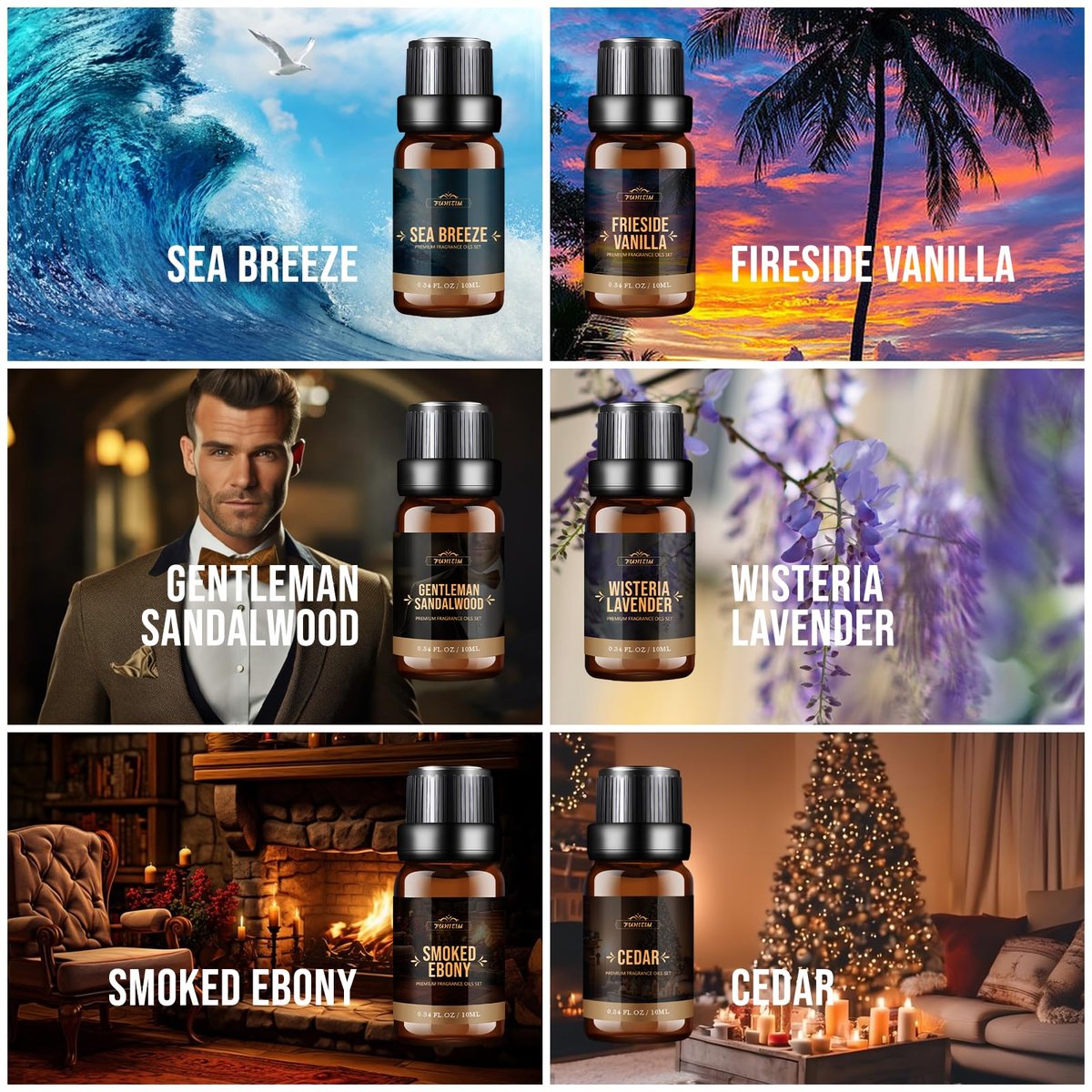 FUHITIM Duftöl, Charmantes Herren-Set Diffuseröl für Zuhause, Seife & Kerzenherstellung, Aromatherapie-ätherische Öle - Meeresbrise, Kamin Vanille, Zeder und mehr (6 x 10 ml)