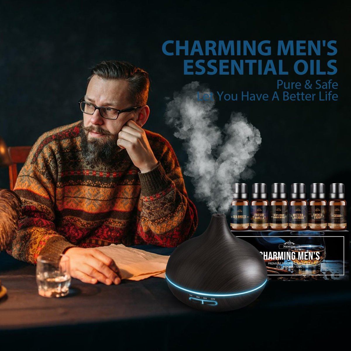 FUHITIM Duftöl, Charmantes Herren-Set Diffuseröl für Zuhause, Seife & Kerzenherstellung, Aromatherapie-ätherische Öle - Meeresbrise, Kamin Vanille, Zeder und mehr (6 x 10 ml)