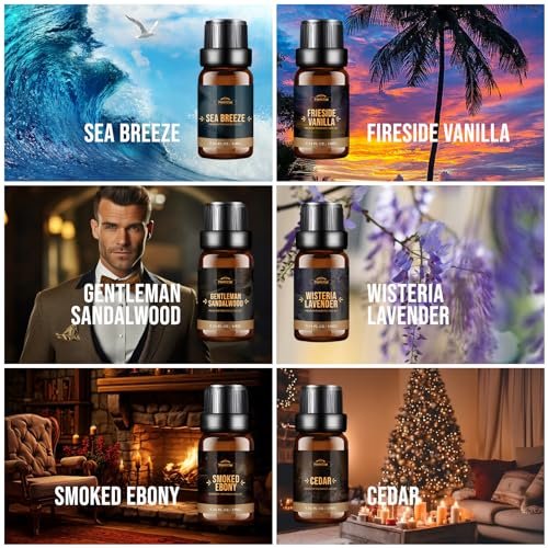 FUHITIM Duftöl, Charmantes Herren-Set Diffuseröl für Zuhause, Seife & Kerzenherstellung, Aromatherapie-ätherische Öle - Meeresbrise, Kamin Vanille, Zeder und mehr (6 x 10 ml)