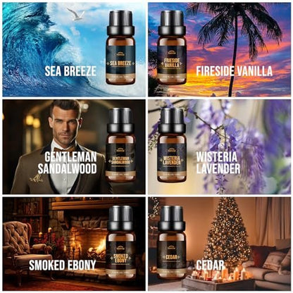 FUHITIM Duftöl, Charmantes Herren-Set Diffuseröl für Zuhause, Seife & Kerzenherstellung, Aromatherapie-ätherische Öle - Meeresbrise, Kamin Vanille, Zeder und mehr (6 x 10 ml)