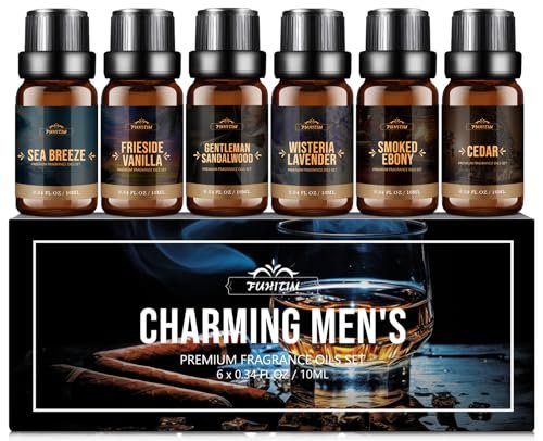 FUHITIM Duftöl, Charmantes Herren-Set Diffuseröl für Zuhause, Seife & Kerzenherstellung, Aromatherapie-ätherische Öle - Meeresbrise, Kamin Vanille, Zeder und mehr (6 x 10 ml)