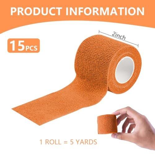 KISEER 15er-Pack 2 Zoll x 5 Yards Orange Selbstklebende Bandage, Atmungsaktive Kohäsive Bandage-Wickelrollen, Elastisches Selbsthaftendes Tape für Sport, Handgelenk, Knöchel
