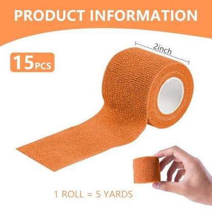 KISEER 15er-Pack 2 Zoll x 5 Yards Orange Selbstklebende Bandage, Atmungsaktive Kohäsive Bandage-Wickelrollen, Elastisches Selbsthaftendes Tape für Sport, Handgelenk, Knöchel