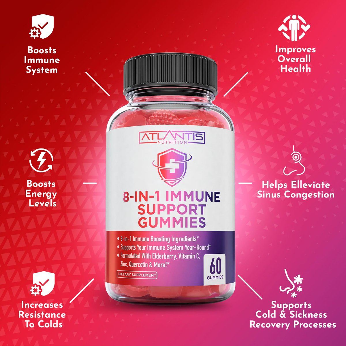 Atlantis Nutrition 8-in-1 Immun-Booster Gummis mit Holunderbeere | Immunsystem Unterstützung mit Holunderbeere, Quercetin, Zink, Vitamin C – Immun-Booster für Erwachsene & Kinder – Leckerer Geschmack – 60 Stück