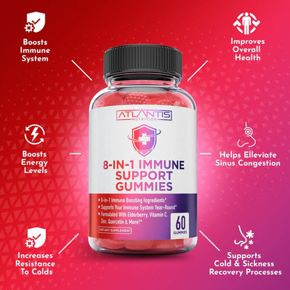 Atlantis Nutrition 8-in-1 Immun-Booster Gummis mit Holunderbeere | Immunsystem Unterstützung mit Holunderbeere, Quercetin, Zink, Vitamin C – Immun-Booster für Erwachsene & Kinder – Leckerer Geschmack – 60 Stück