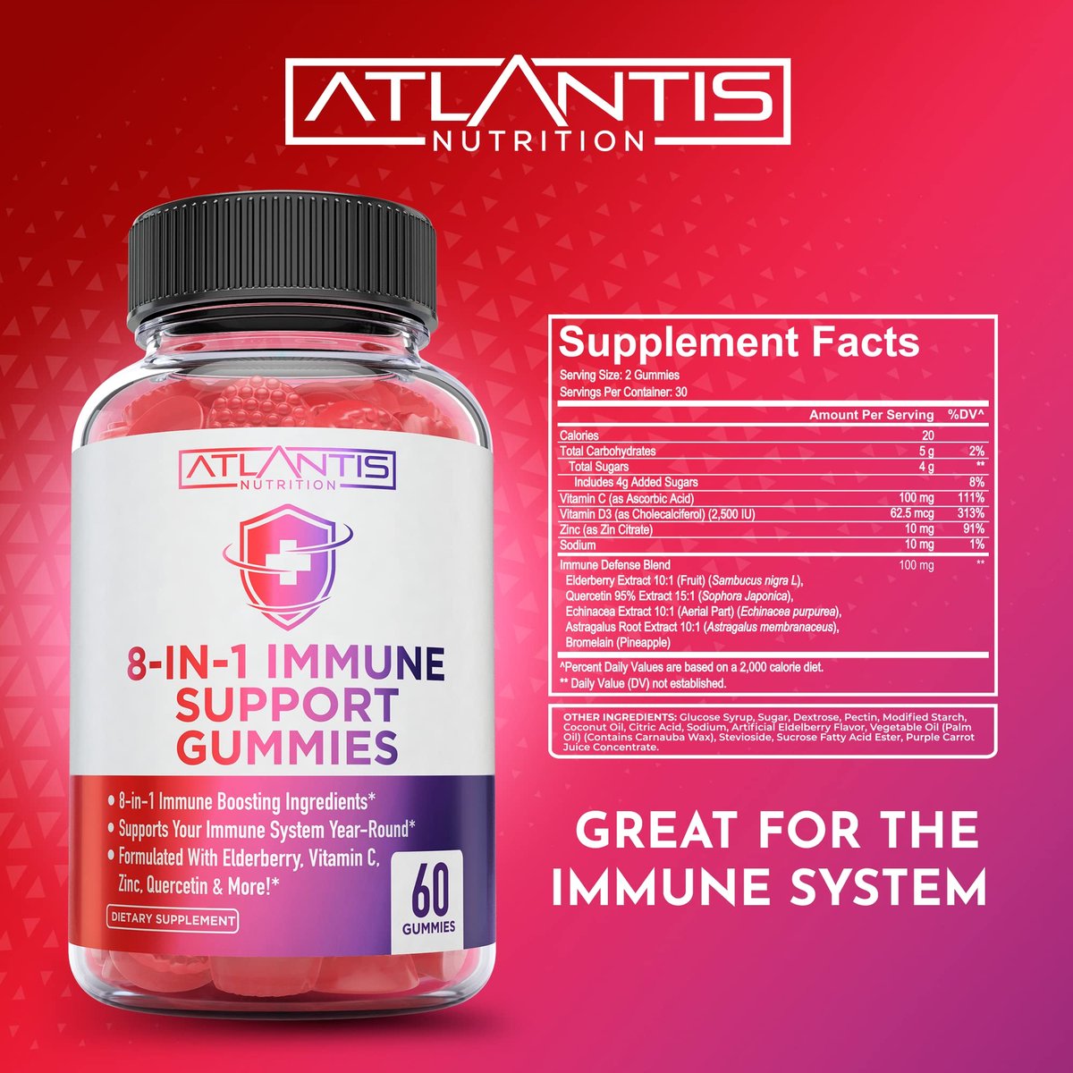 Atlantis Nutrition 8-in-1 Immun-Booster Gummis mit Holunderbeere | Immunsystem Unterstützung mit Holunderbeere, Quercetin, Zink, Vitamin C – Immun-Booster für Erwachsene & Kinder – Leckerer Geschmack – 60 Stück
