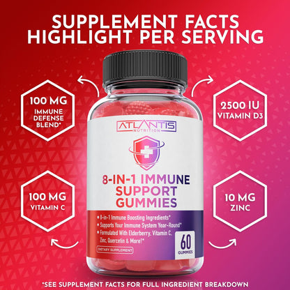 Atlantis Nutrition 8-in-1 Immun-Booster Gummis mit Holunderbeere | Immunsystem Unterstützung mit Holunderbeere, Quercetin, Zink, Vitamin C – Immun-Booster für Erwachsene & Kinder – Leckerer Geschmack – 60 Stück