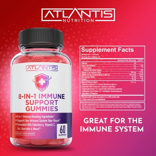Atlantis Nutrition 8-in-1 Immun-Booster Gummis mit Holunderbeere | Immunsystem Unterstützung mit Holunderbeere, Quercetin, Zink, Vitamin C – Immun-Booster für Erwachsene & Kinder – Leckerer Geschmack – 60 Stück