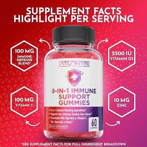 Atlantis Nutrition 8-in-1 Immun-Booster Gummis mit Holunderbeere | Immunsystem Unterstützung mit Holunderbeere, Quercetin, Zink, Vitamin C – Immun-Booster für Erwachsene & Kinder – Leckerer Geschmack – 60 Stück