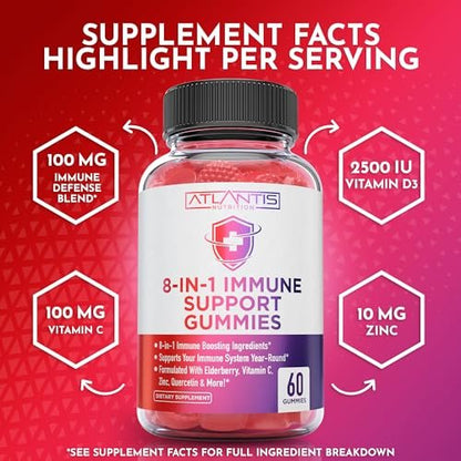 Atlantis Nutrition 8-in-1 Immun-Booster Gummis mit Holunderbeere | Immunsystem Unterstützung mit Holunderbeere, Quercetin, Zink, Vitamin C – Immun-Booster für Erwachsene & Kinder – Leckerer Geschmack – 60 Stück