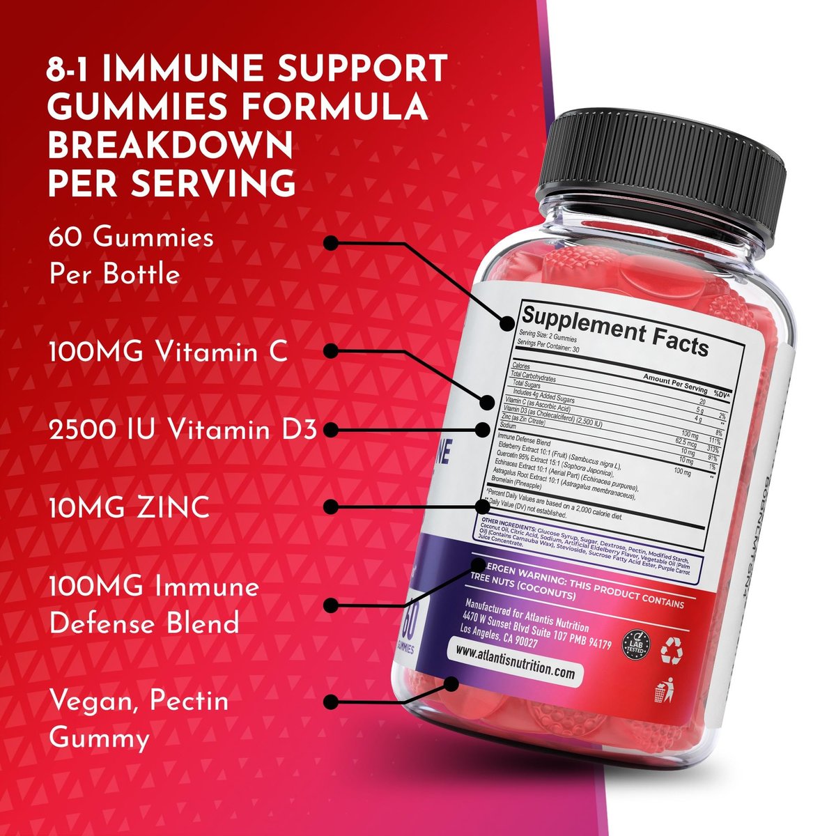 Atlantis Nutrition 8-in-1 Immun-Booster Gummis mit Holunderbeere | Immunsystem Unterstützung mit Holunderbeere, Quercetin, Zink, Vitamin C – Immun-Booster für Erwachsene & Kinder – Leckerer Geschmack – 60 Stück
