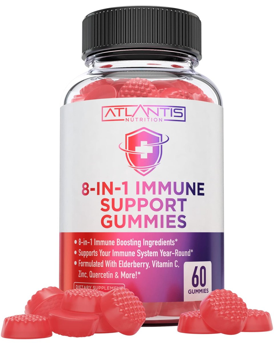 Atlantis Nutrition 8-in-1 Immun-Booster Gummis mit Holunderbeere | Immunsystem Unterstützung mit Holunderbeere, Quercetin, Zink, Vitamin C – Immun-Booster für Erwachsene & Kinder – Leckerer Geschmack – 60 Stück