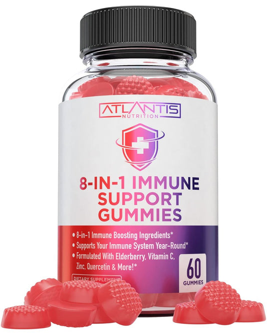 Atlantis Nutrition 8-in-1 Immun-Booster Gummis mit Holunderbeere | Immunsystem Unterstützung mit Holunderbeere, Quercetin, Zink, Vitamin C – Immun-Booster für Erwachsene & Kinder – Leckerer Geschmack – 60 Stück