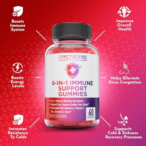 Atlantis Nutrition 8-in-1 Immun-Booster Gummis mit Holunderbeere | Immunsystem Unterstützung mit Holunderbeere, Quercetin, Zink, Vitamin C – Immun-Booster für Erwachsene & Kinder – Leckerer Geschmack – 60 Stück