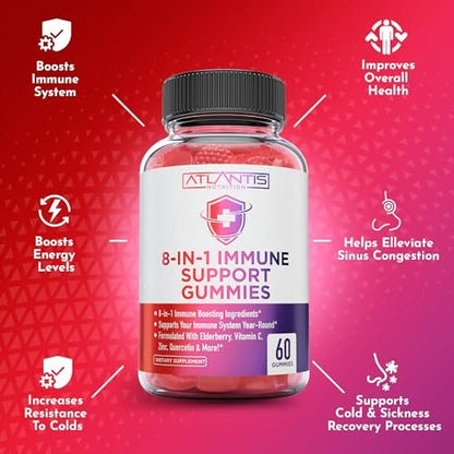 Atlantis Nutrition 8-in-1 Immun-Booster Gummis mit Holunderbeere | Immunsystem Unterstützung mit Holunderbeere, Quercetin, Zink, Vitamin C – Immun-Booster für Erwachsene & Kinder – Leckerer Geschmack – 60 Stück