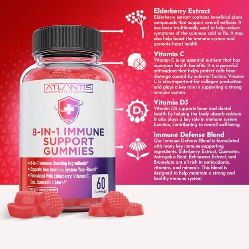 Atlantis Nutrition 8-in-1 Immun-Booster Gummis mit Holunderbeere | Immunsystem Unterstützung mit Holunderbeere, Quercetin, Zink, Vitamin C – Immun-Booster für Erwachsene & Kinder – Leckerer Geschmack – 60 Stück
