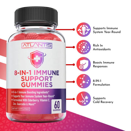 Atlantis Nutrition 8-in-1 Immun-Booster Gummis mit Holunderbeere | Immunsystem Unterstützung mit Holunderbeere, Quercetin, Zink, Vitamin C – Immun-Booster für Erwachsene & Kinder – Leckerer Geschmack – 60 Stück