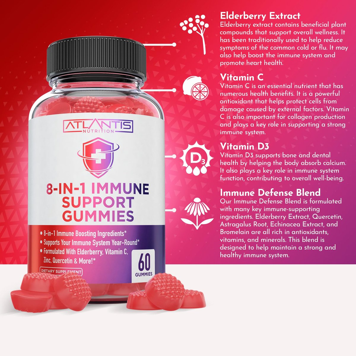 Atlantis Nutrition 8-in-1 Immun-Booster Gummis mit Holunderbeere | Immunsystem Unterstützung mit Holunderbeere, Quercetin, Zink, Vitamin C – Immun-Booster für Erwachsene & Kinder – Leckerer Geschmack – 60 Stück