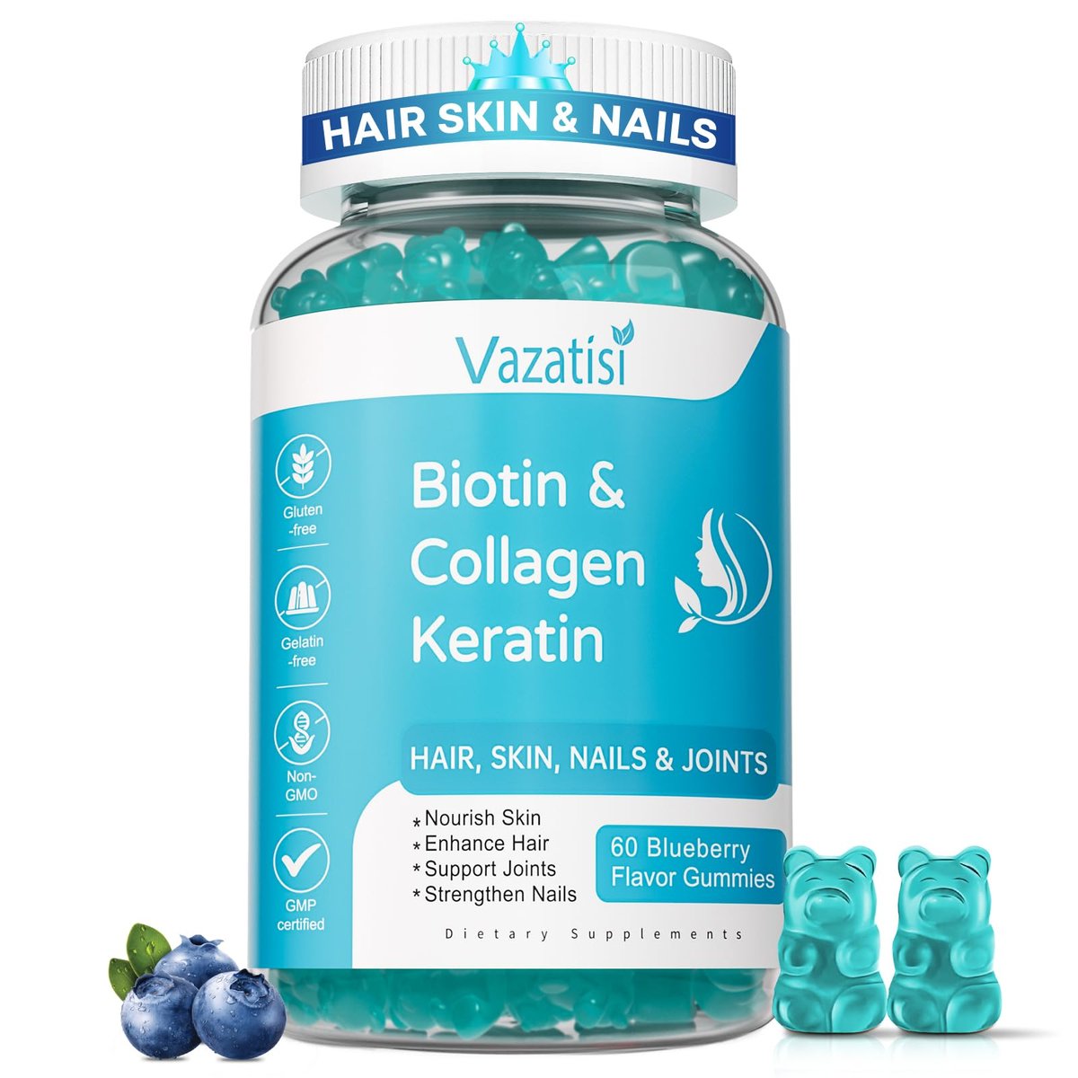 Vazatisi Biotin Gummis mit Kollagen & Keratin für Haare, Haut und Nägel – Unterstützt Haarwachstum und stärkere Nägel, für Frauen, Männer, Kinder – 60 Blaubeer-Gummis