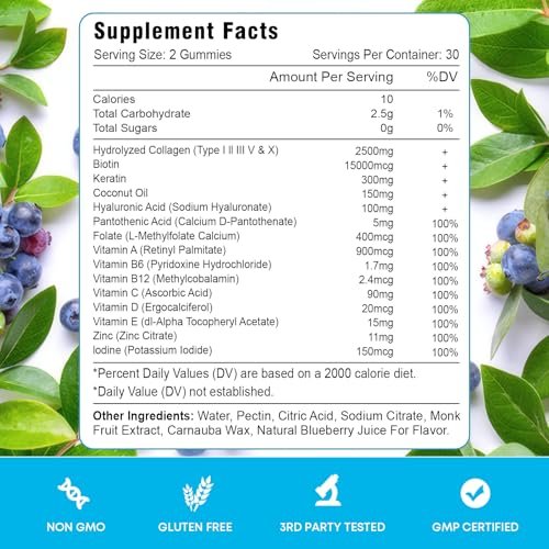 Vazatisi Biotin Gummis mit Kollagen & Keratin für Haare, Haut und Nägel – Unterstützt Haarwachstum und stärkere Nägel, für Frauen, Männer, Kinder – 60 Blaubeer-Gummis