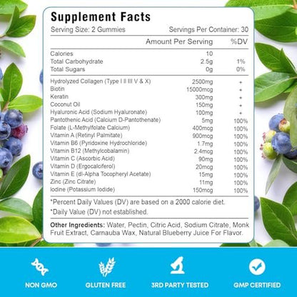 Vazatisi Biotin Gummis mit Kollagen & Keratin für Haare, Haut und Nägel – Unterstützt Haarwachstum und stärkere Nägel, für Frauen, Männer, Kinder – 60 Blaubeer-Gummis