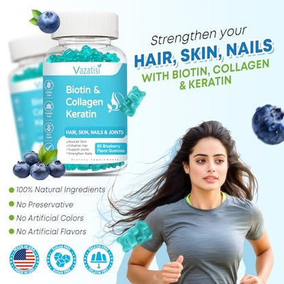 Vazatisi Biotin Gummis mit Kollagen & Keratin für Haare, Haut und Nägel – Unterstützt Haarwachstum und stärkere Nägel, für Frauen, Männer, Kinder – 60 Blaubeer-Gummis