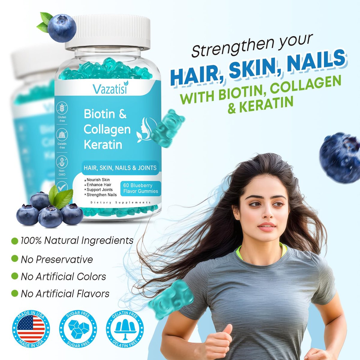 Vazatisi Biotin Gummis mit Kollagen & Keratin für Haare, Haut und Nägel – Unterstützt Haarwachstum und stärkere Nägel, für Frauen, Männer, Kinder – 60 Blaubeer-Gummis