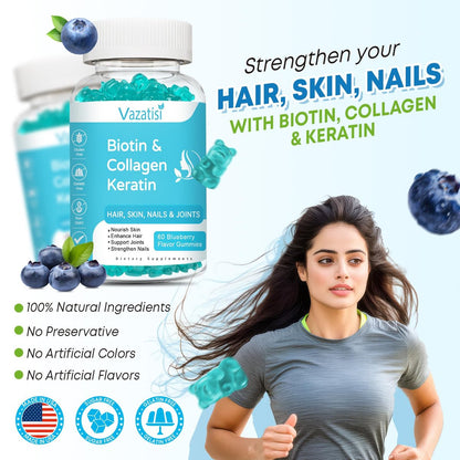 Vazatisi Biotin Gummis mit Kollagen & Keratin für Haare, Haut und Nägel – Unterstützt Haarwachstum und stärkere Nägel, für Frauen, Männer, Kinder – 60 Blaubeer-Gummis