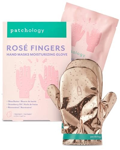 Patchology Rosé Fingers Renewing Hand Mask – Erdbeerduftende Feuchtigkeitshandschuhe mit Sheabutter für trockene & rissige Hände, reparierende Handpflege für babyweiche Haut, Self-Care Essential – 1 Paar