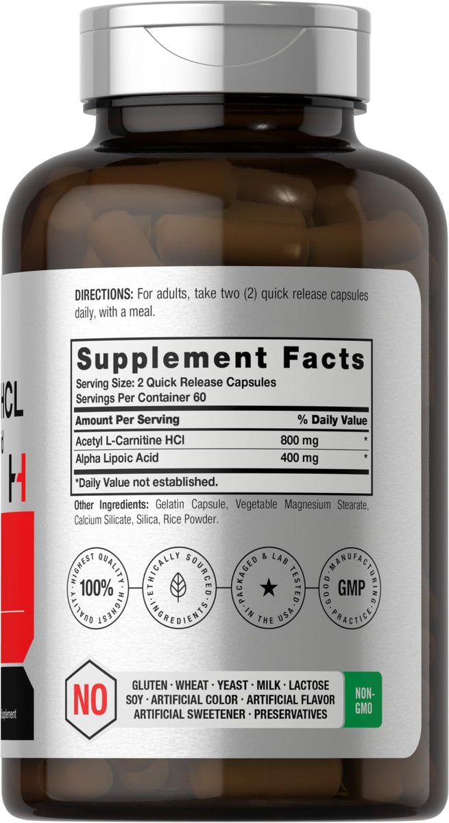 Horbäach Acetyl L-Carnitin HCL & Alpha-Liponsäure 1200 mg | 120 Kapseln | ALC ALA Komplex | Non-GMO & Glutenfrei
