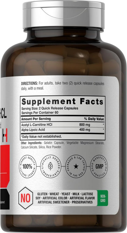 Horbäach Acetyl L-Carnitin HCL & Alpha-Liponsäure 1200 mg | 120 Kapseln | ALC ALA Komplex | Non-GMO & Glutenfrei