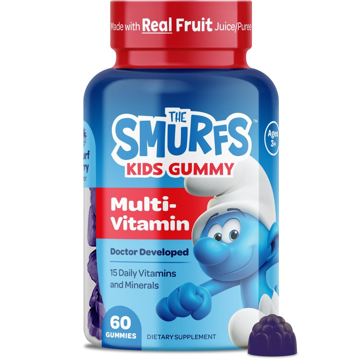 Smurfs Kids Multivitamin Gummies | Multivitamin Gummies für Kinder mit 15 Vitaminen & Mineralstoffen | Hergestellt mit echten Früchten | Von Ärzten entwickelt | Nicht-GVO und ohne künstliche Aromen oder Farben | 60 Gummis