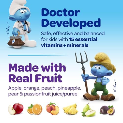 Smurfs Kids Multivitamin Gummies | Multivitamin Gummies für Kinder mit 15 Vitaminen & Mineralstoffen | Hergestellt mit echten Früchten | Von Ärzten entwickelt | Nicht-GVO und ohne künstliche Aromen oder Farben | 60 Gummis