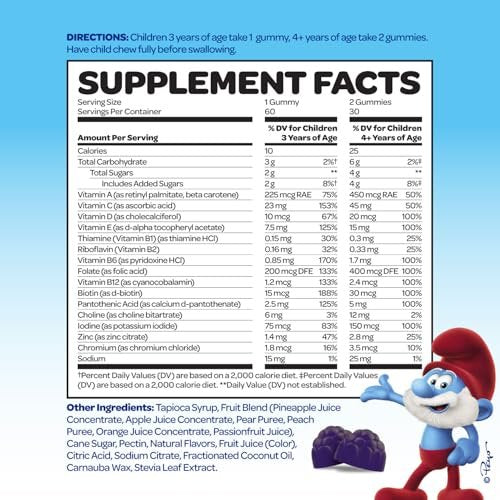 Smurfs Kids Multivitamin Gummies | Multivitamin Gummies für Kinder mit 15 Vitaminen & Mineralstoffen | Hergestellt mit echten Früchten | Von Ärzten entwickelt | Nicht-GVO und ohne künstliche Aromen oder Farben | 60 Gummis