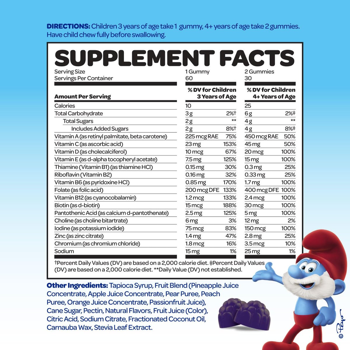Smurfs Kids Multivitamin Gummies | Multivitamin Gummies für Kinder mit 15 Vitaminen & Mineralstoffen | Hergestellt mit echten Früchten | Von Ärzten entwickelt | Nicht-GVO und ohne künstliche Aromen oder Farben | 60 Gummis