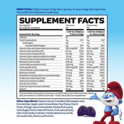 Smurfs Kids Multivitamin Gummies | Multivitamin Gummies für Kinder mit 15 Vitaminen & Mineralstoffen | Hergestellt mit echten Früchten | Von Ärzten entwickelt | Nicht-GVO und ohne künstliche Aromen oder Farben | 60 Gummis