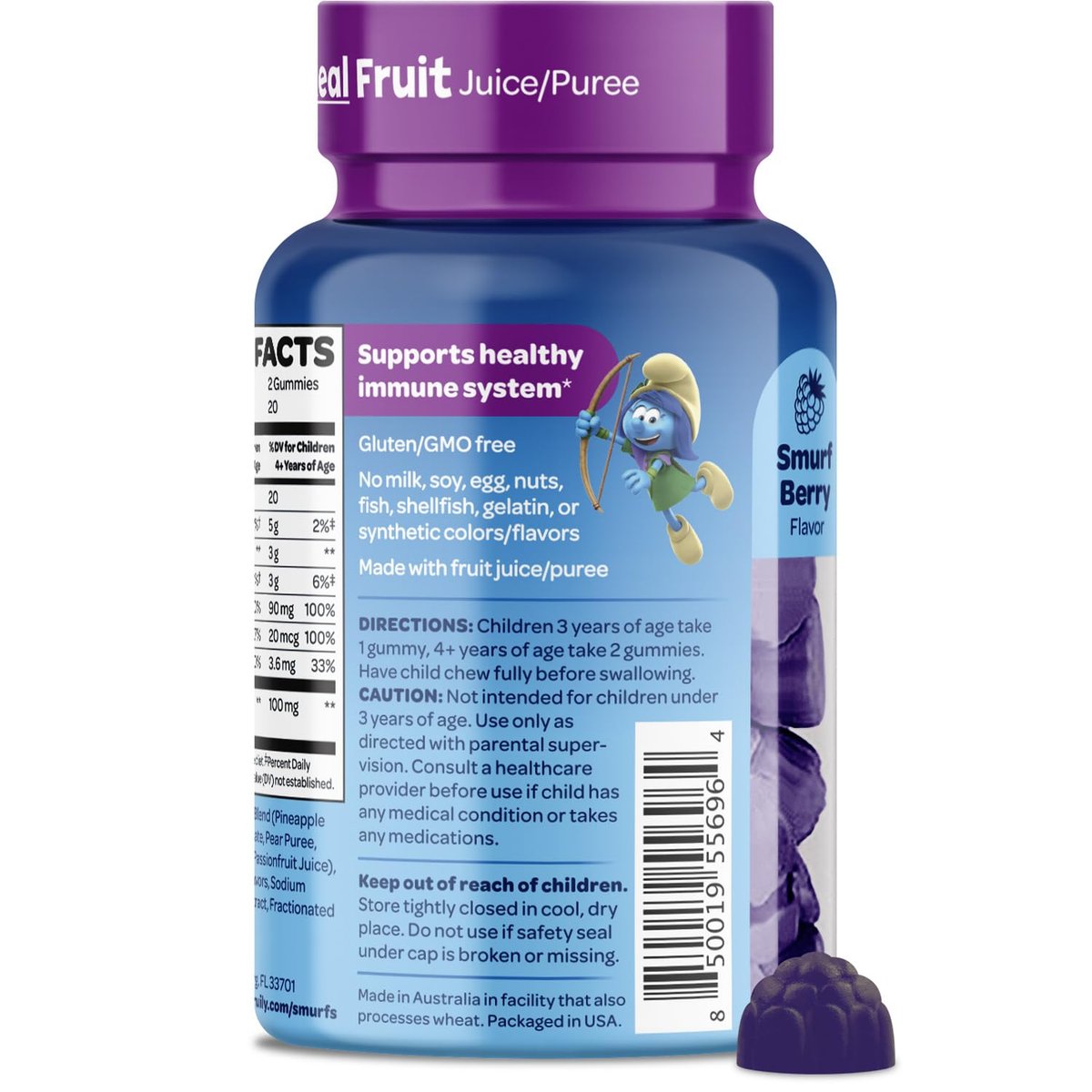 Smurfs Kids Immune Support Gummis | Schwarzer Holunder, Vitamin C und Zink für Kinderimmunität | Hergestellt mit echten Früchten | Von Ärzten entwickelt | Nicht-GMO & ohne künstliche Aromen oder Farben | 40 Gummis
