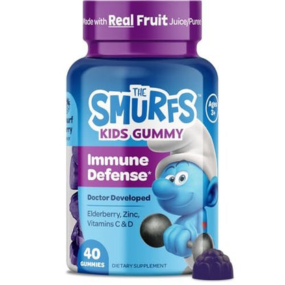 Smurfs Kids Immune Support Gummis | Schwarzer Holunder, Vitamin C und Zink für Kinderimmunität | Hergestellt mit echten Früchten | Von Ärzten entwickelt | Nicht-GMO & ohne künstliche Aromen oder Farben | 40 Gummis