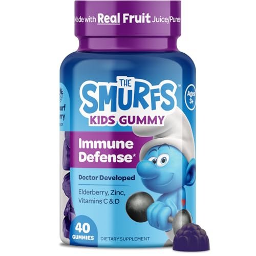 Smurfs Kids Immune Support Gummis | Schwarzer Holunder, Vitamin C und Zink für Kinderimmunität | Hergestellt mit echten Früchten | Von Ärzten entwickelt | Nicht-GMO & ohne künstliche Aromen oder Farben | 40 Gummis