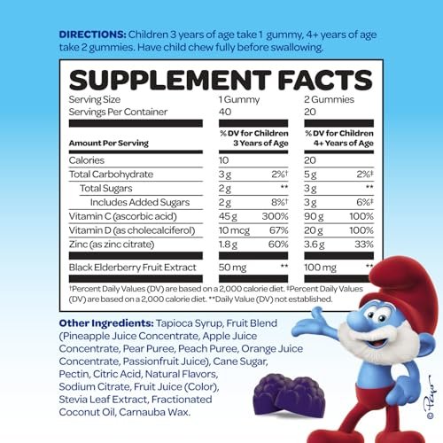 Smurfs Kids Immune Support Gummis | Schwarzer Holunder, Vitamin C und Zink für Kinderimmunität | Hergestellt mit echten Früchten | Von Ärzten entwickelt | Nicht-GMO & ohne künstliche Aromen oder Farben | 40 Gummis