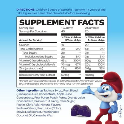 Smurfs Kids Immune Support Gummis | Schwarzer Holunder, Vitamin C und Zink für Kinderimmunität | Hergestellt mit echten Früchten | Von Ärzten entwickelt | Nicht-GMO & ohne künstliche Aromen oder Farben | 40 Gummis