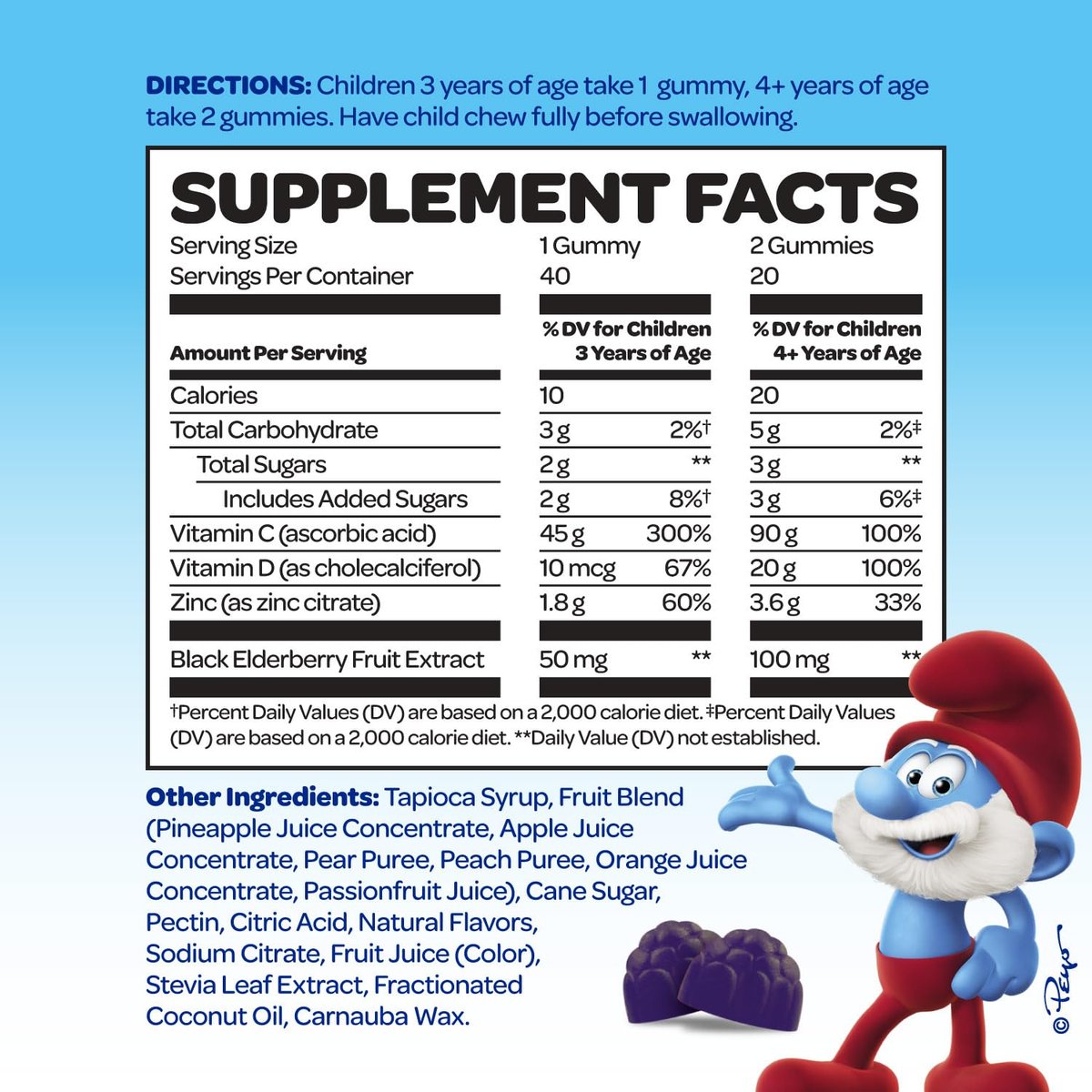 Smurfs Kids Immune Support Gummis | Schwarzer Holunder, Vitamin C und Zink für Kinderimmunität | Hergestellt mit echten Früchten | Von Ärzten entwickelt | Nicht-GMO & ohne künstliche Aromen oder Farben | 40 Gummis
