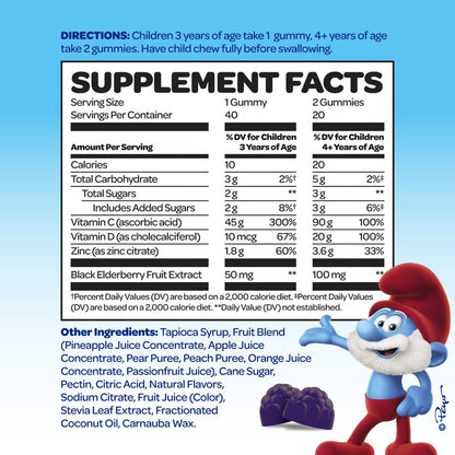 Smurfs Kids Immune Support Gummis | Schwarzer Holunder, Vitamin C und Zink für Kinderimmunität | Hergestellt mit echten Früchten | Von Ärzten entwickelt | Nicht-GMO & ohne künstliche Aromen oder Farben | 40 Gummis
