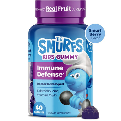 Smurfs Kids Immune Support Gummis | Schwarzer Holunder, Vitamin C und Zink für Kinderimmunität | Hergestellt mit echten Früchten | Von Ärzten entwickelt | Nicht-GMO & ohne künstliche Aromen oder Farben | 40 Gummis