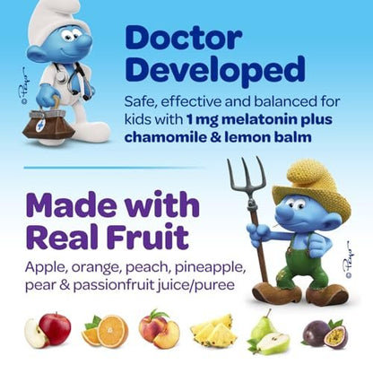 Die Schlümpfe 1mg Melatonin Gummis für Kinder mit Kamille & Zitronenmelisse für einen erholsamen Schlaf ab 3 Jahren | Nicht gewohnheitsbildend | Mit echten Früchten in Schlumpfbeere | Von Ärzten entwickelt | 50 vegetarische Gummis