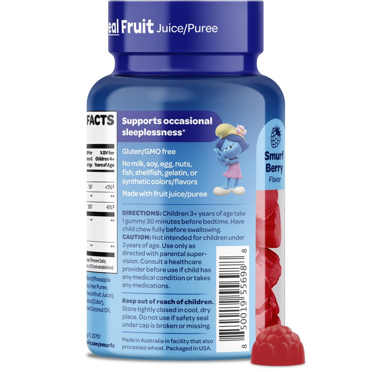 Die Schlümpfe 1mg Melatonin Gummis für Kinder mit Kamille & Zitronenmelisse für einen erholsamen Schlaf ab 3 Jahren | Nicht gewohnheitsbildend | Mit echten Früchten in Schlumpfbeere | Von Ärzten entwickelt | 50 vegetarische Gummis