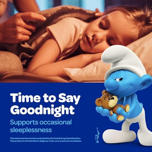 Die Schlümpfe 1mg Melatonin Gummis für Kinder mit Kamille & Zitronenmelisse für einen erholsamen Schlaf ab 3 Jahren | Nicht gewohnheitsbildend | Mit echten Früchten in Schlumpfbeere | Von Ärzten entwickelt | 50 vegetarische Gummis
