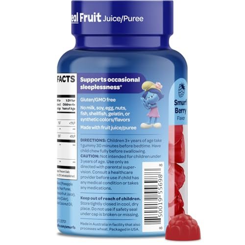 Die Schlümpfe 1mg Melatonin Gummis für Kinder mit Kamille & Zitronenmelisse für einen erholsamen Schlaf ab 3 Jahren | Nicht gewohnheitsbildend | Mit echten Früchten in Schlumpfbeere | Von Ärzten entwickelt | 50 vegetarische Gummis