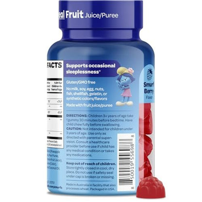 Die Schlümpfe 1mg Melatonin Gummis für Kinder mit Kamille & Zitronenmelisse für einen erholsamen Schlaf ab 3 Jahren | Nicht gewohnheitsbildend | Mit echten Früchten in Schlumpfbeere | Von Ärzten entwickelt | 50 vegetarische Gummis